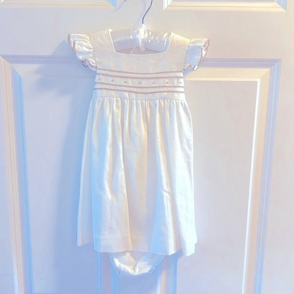 Edgehill Collection 12M Tan & Cream Linen Smocking Dress & Bloomers 12M NWT